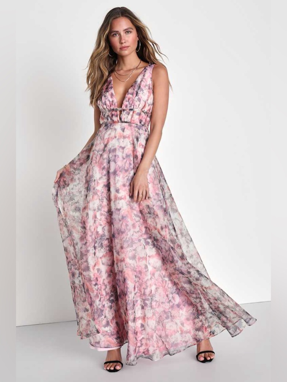 NWT LULUS Sweet Radiance Pink Floral Print A-Line Maxi Dress